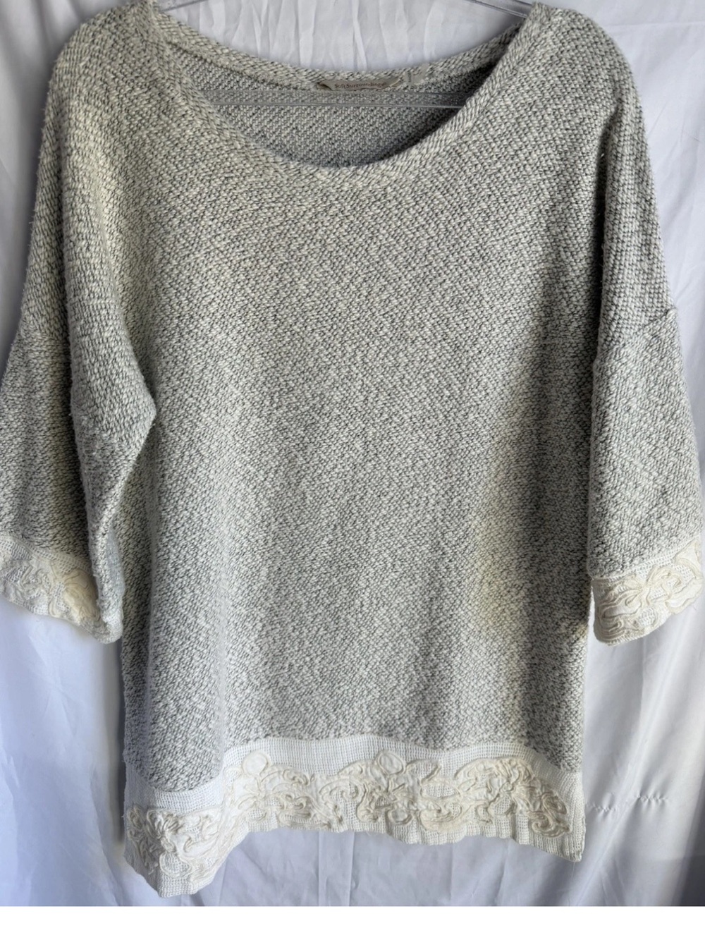 Soft Surroundings Soft Spoken Sweater Gray Crochet Lace Hem Tunic Knit Boho L